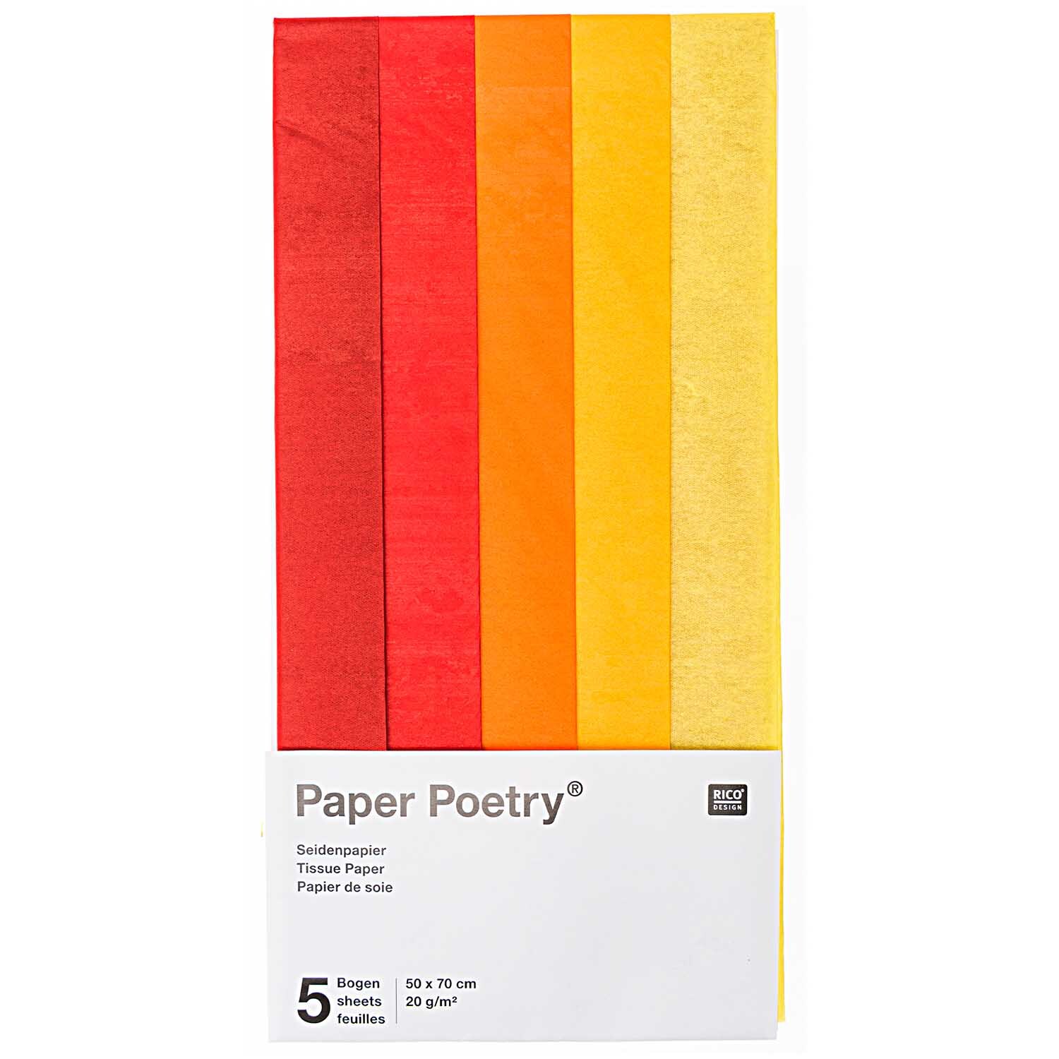 Paper Poetry Seidenpapier rot sortiert 50x70cm 5 Bogen von Rico Design Paper Poetry Seidenpapier in Rot- und Gelbtönen, 50x70cm, 5 Bogen von Rico Design, ideal für kreative Projekte.