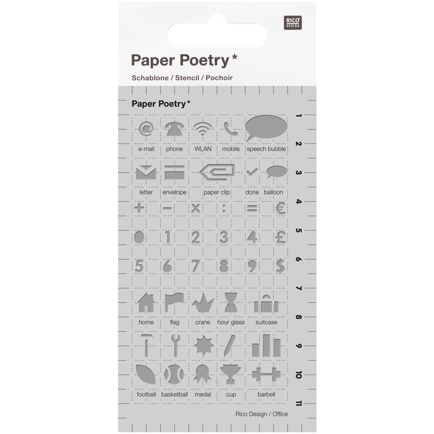 Paper Poetry Bullet Diary Schablone mit vielfältigen Symbolen und Icons, ideal für kreative Büroprojekte.