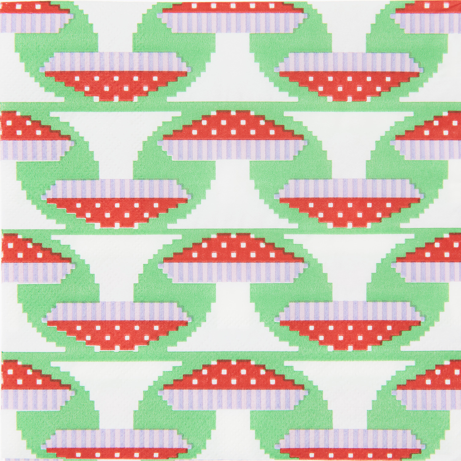 Servietten Fliegenpilz Pixel Grün mit pixelartigem Fliegenpilzmuster in Rot und Weiß auf grünem Hintergrund, 33x33cm, 20 Stück von Rico Design.