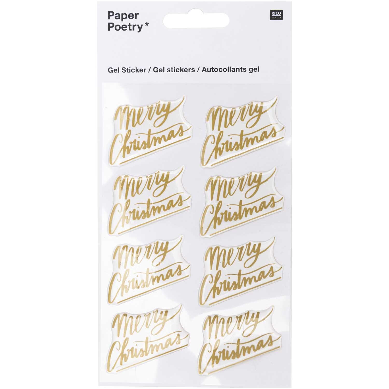 Paper Poetry Gelsticker Merry Christmas: Neun goldene Schriftzüge auf transparentem Hintergrund von Rico Design. Ideal für festliche Dekorationen.