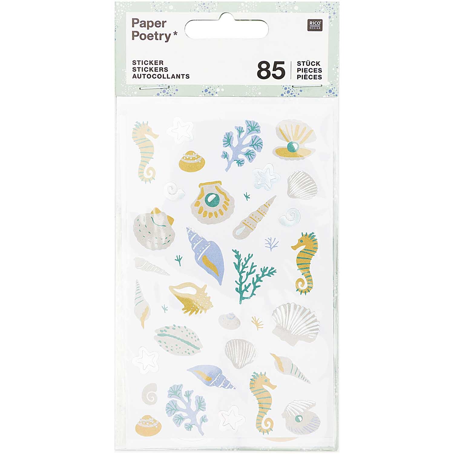 Paper Poetry Sticker Mermaid Muscheln mit Seepferdchen und Muscheln in Pastellfarben, 85 Stück. Ideal für kreative Projekte.