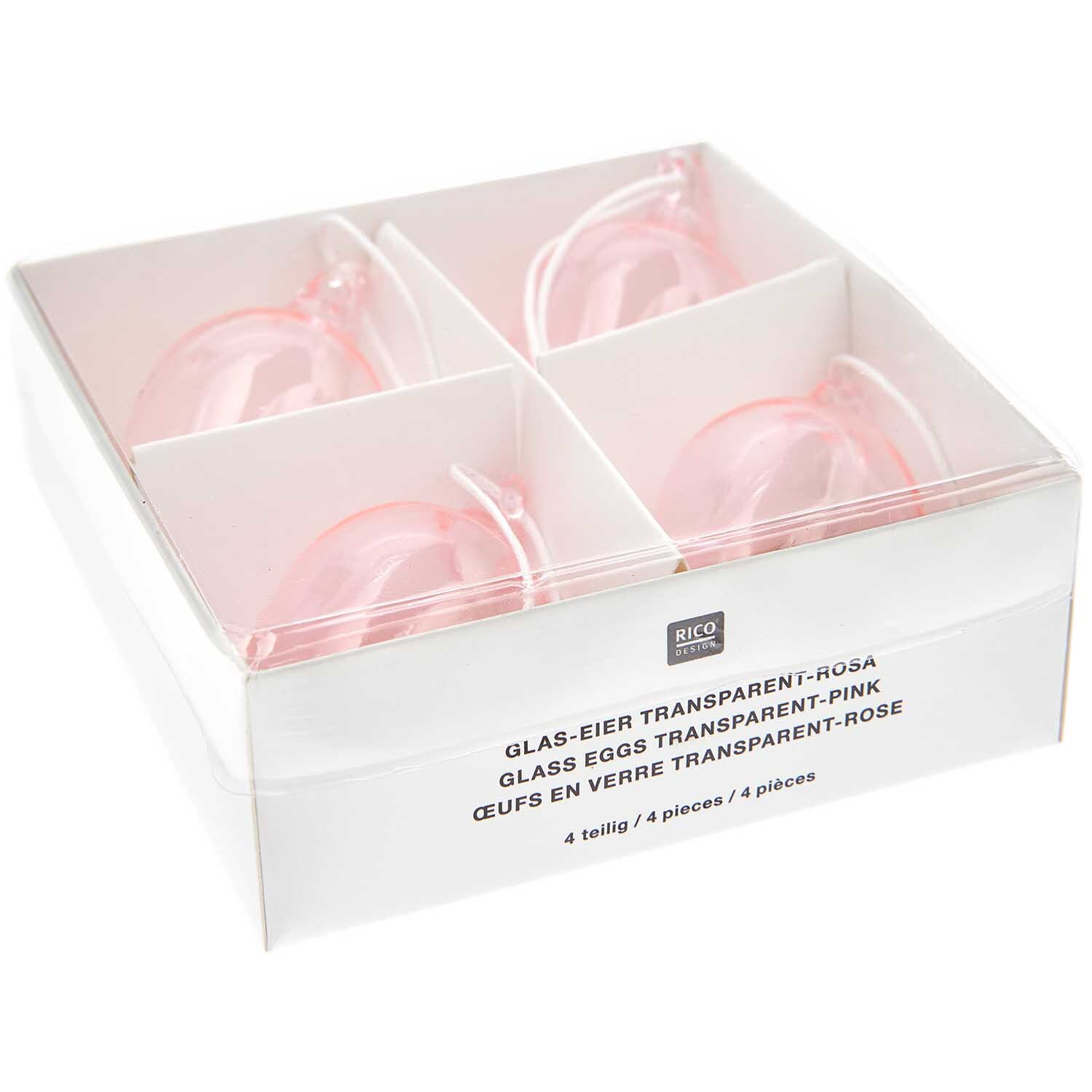 Glas Eier transparent-rosa 4 Stück Ø 3cm von Rico Design Glas Eier transparent-rosa, 4 Stück, Ø 3cm, von Rico Design in einer weißen Verpackung. Ideal für Dekorationen.