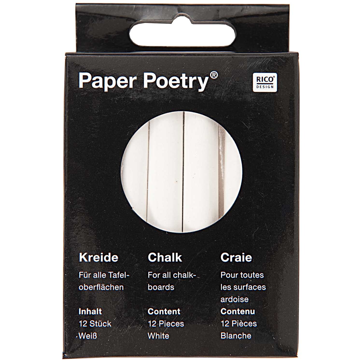 Paper Poetry Kreide weiß 12 Stück von Rico Design in schwarzer Verpackung, ideal für Tafeln.