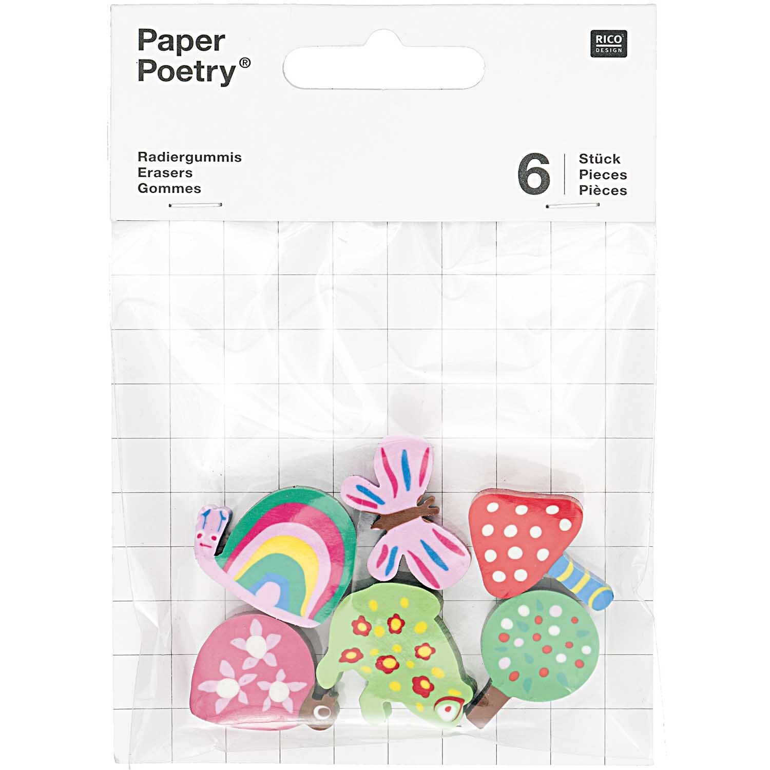 Paper Poetry Radiergummis Waldtiere 6 Stück, bunt, mit Schmetterling, Pilz und Frosch.