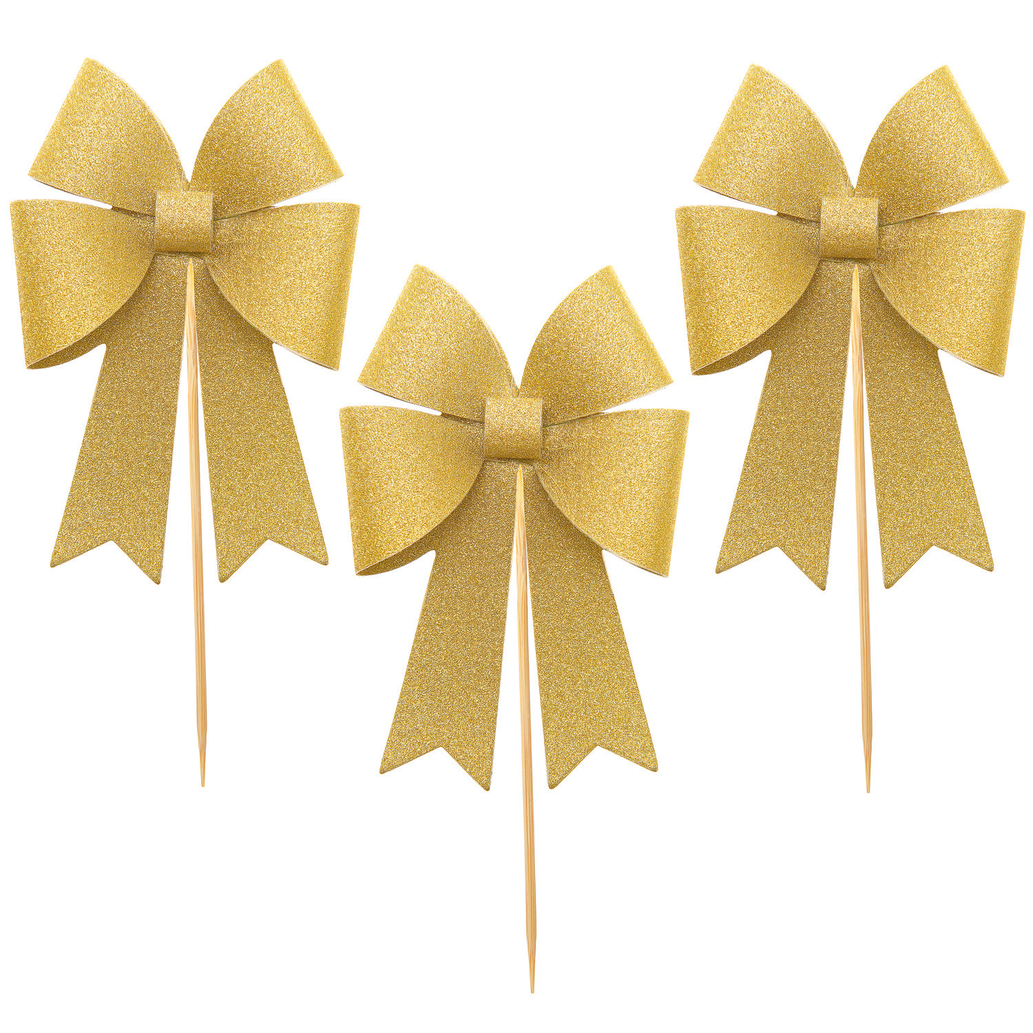 Picker Schleife Gold: Drei goldene Schleifen von Rico Design auf Holzstäbchen, ideal für Dekorationen.