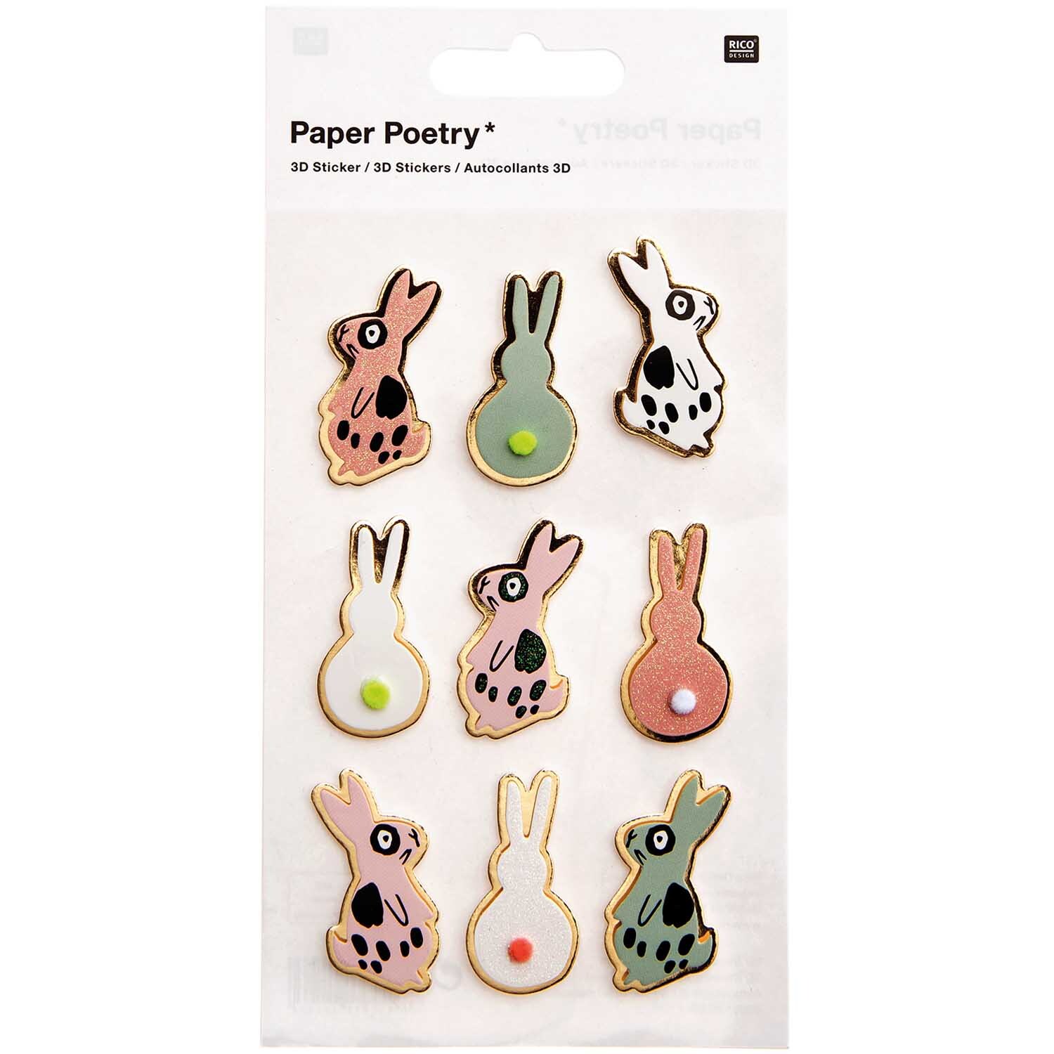 Paper Poetry 3D-Sticker Bunny Hop zeigt neun bunte Hasensticker in verschiedenen Designs.