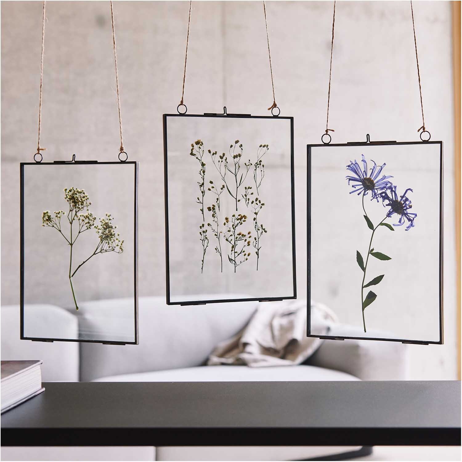 Metallrahmen zum Hängen mit doppelter Glasscheibe schwarz 16x22cm von Rico Design Metallrahmen zum Hängen mit doppelter Glasscheibe zeigt getrocknete Blumen in modernem Design. Ideal für stilvolle Wohnräume.