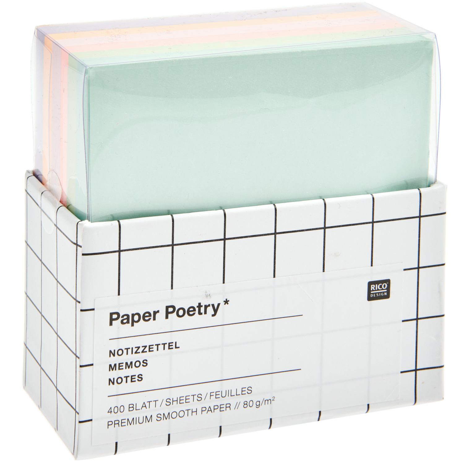 Paper Poetry Notizzettel-Box grün, orange, lila 9x9cm 400 Blatt von Rico Design