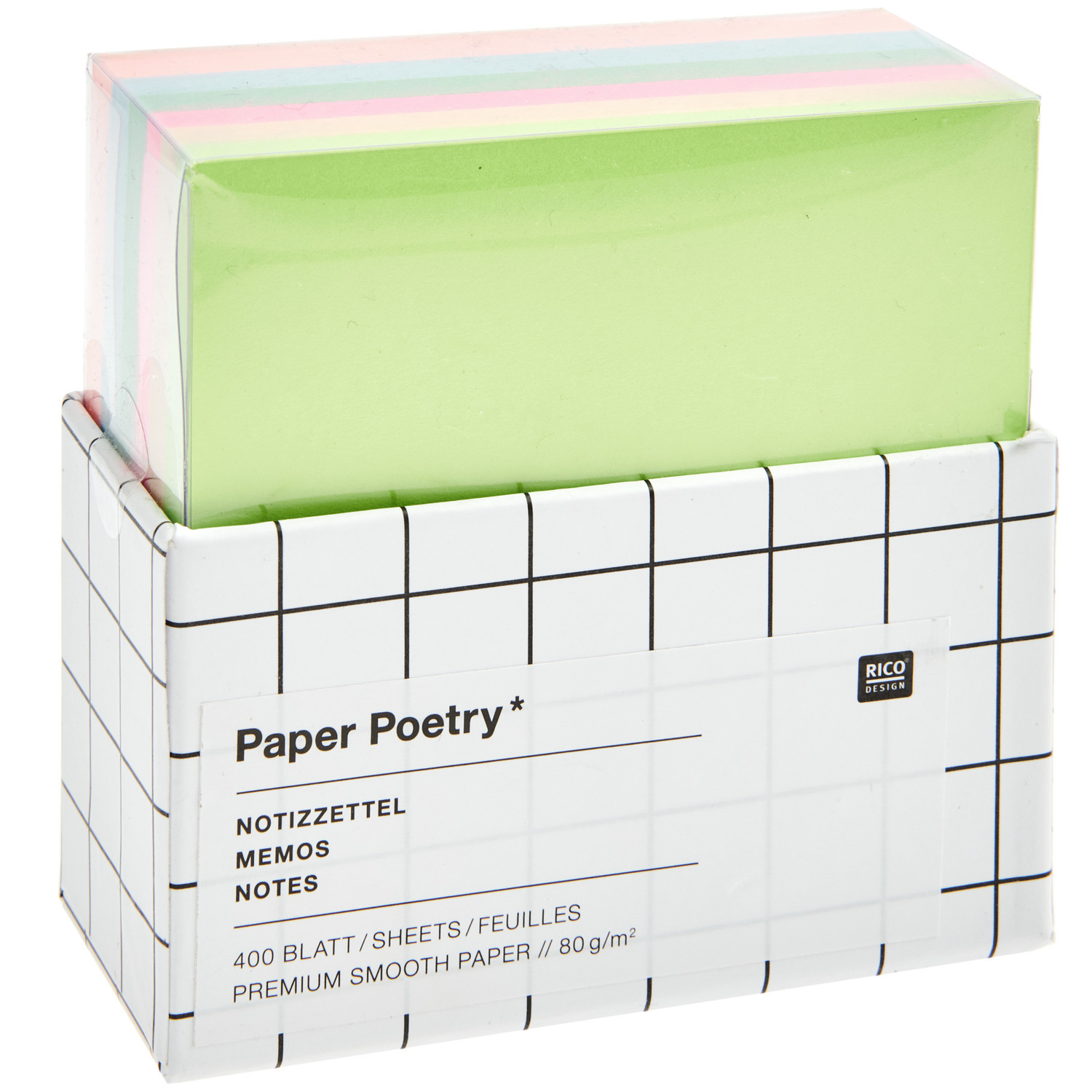 Paper Poetry Notizzettel-Box pink, türkis, gelb  9x9cm 400 Blatt von Rico Design