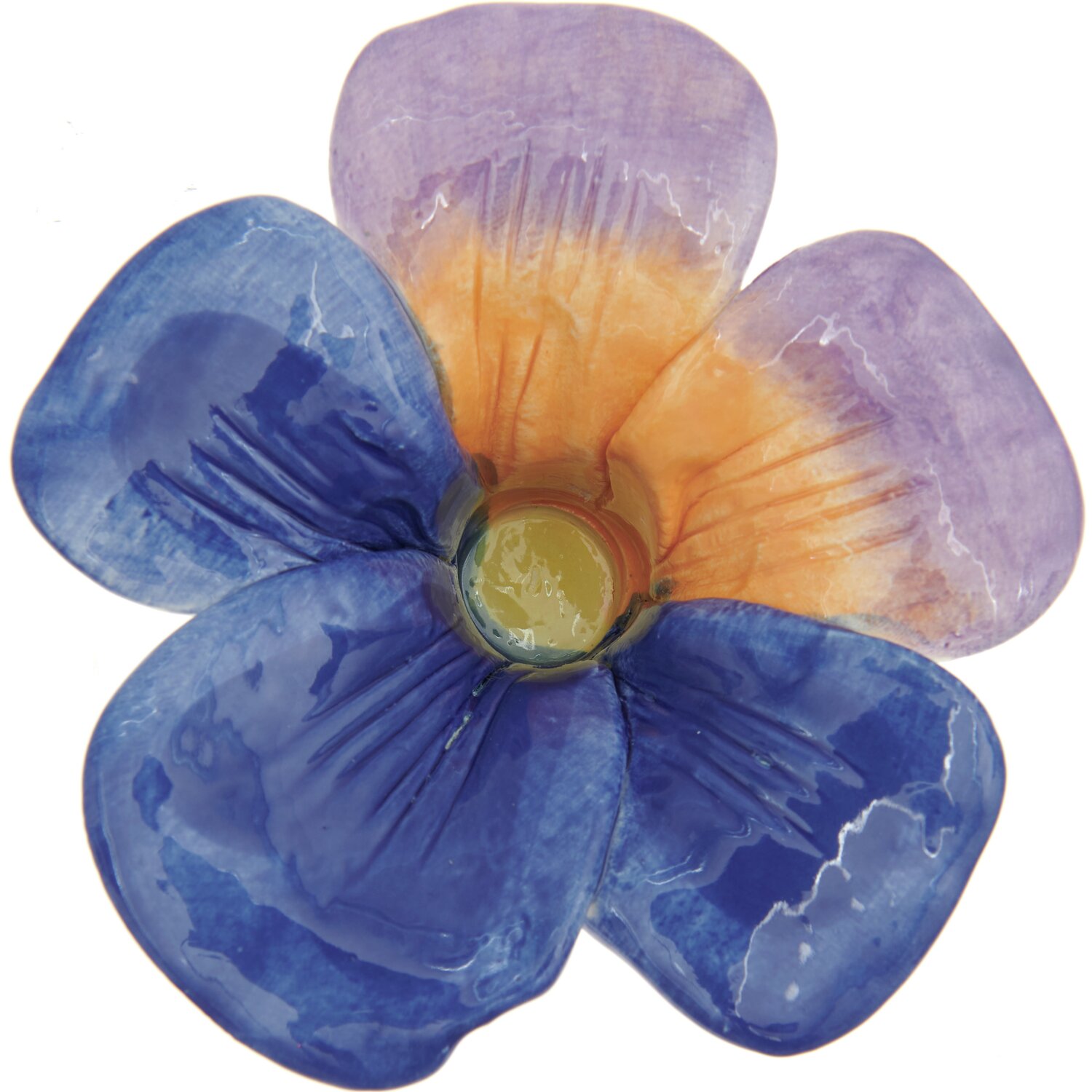 Keramik-Kerzenhalter Stiefmütterchen in Form einer Blume mit blauen und violetten Blütenblättern.