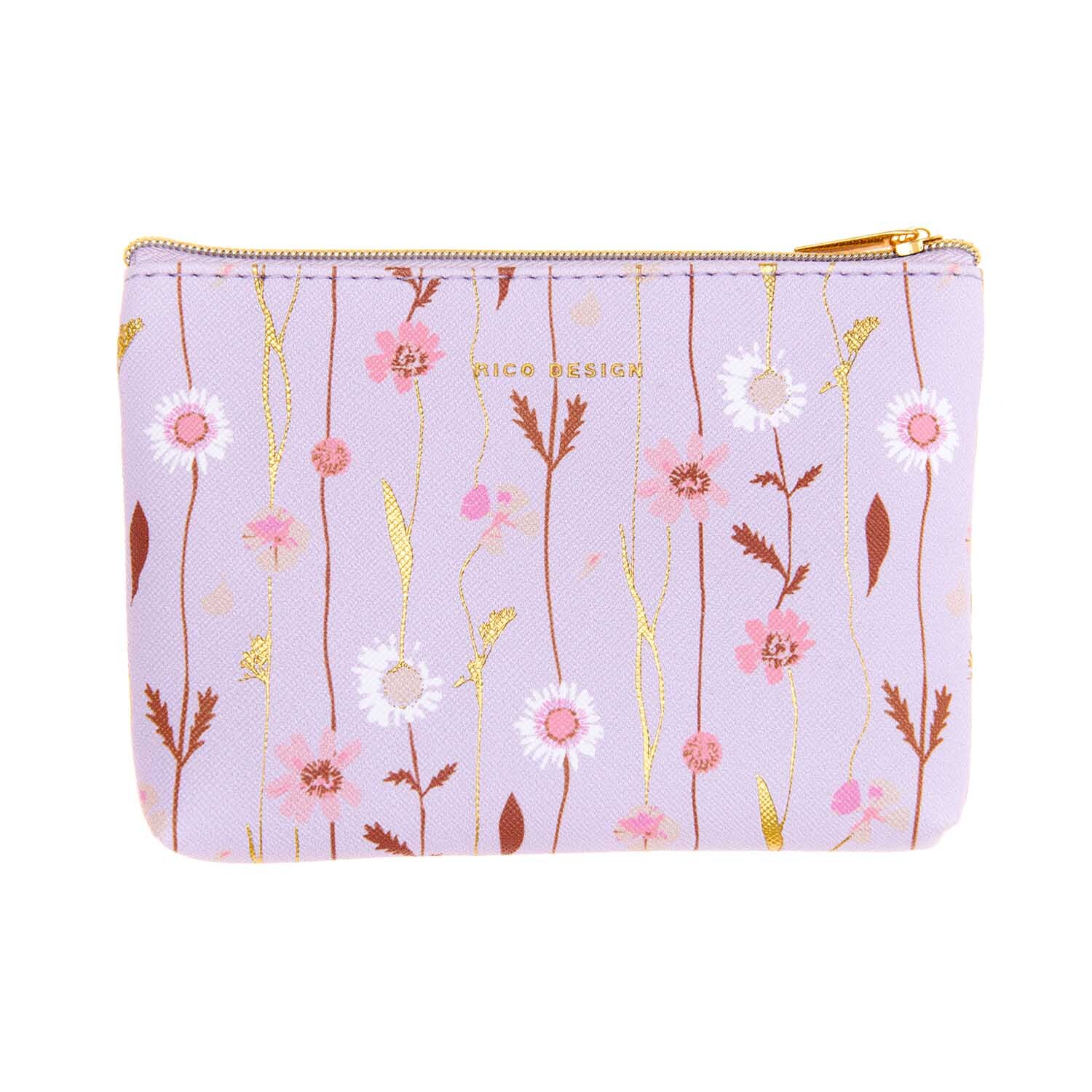 Etui Blumenranken 14x10cm mit zarten Blumenmustern auf lila Hintergrund, von Rico Design. Ideal für stilvolle Aufbewahrung.