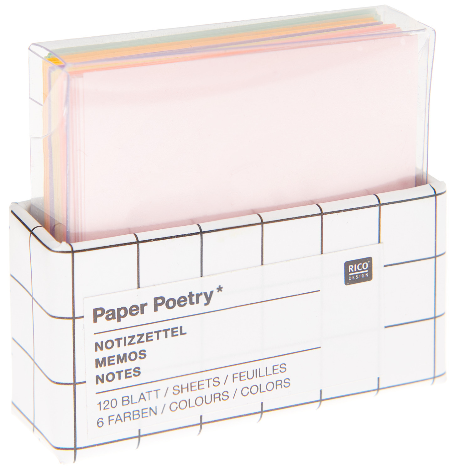 Mini-Notizzettel Pastel von Rico Design, 5x5cm, 120 Blatt in verschiedenen Pastellfarben in einer transparenten Box.