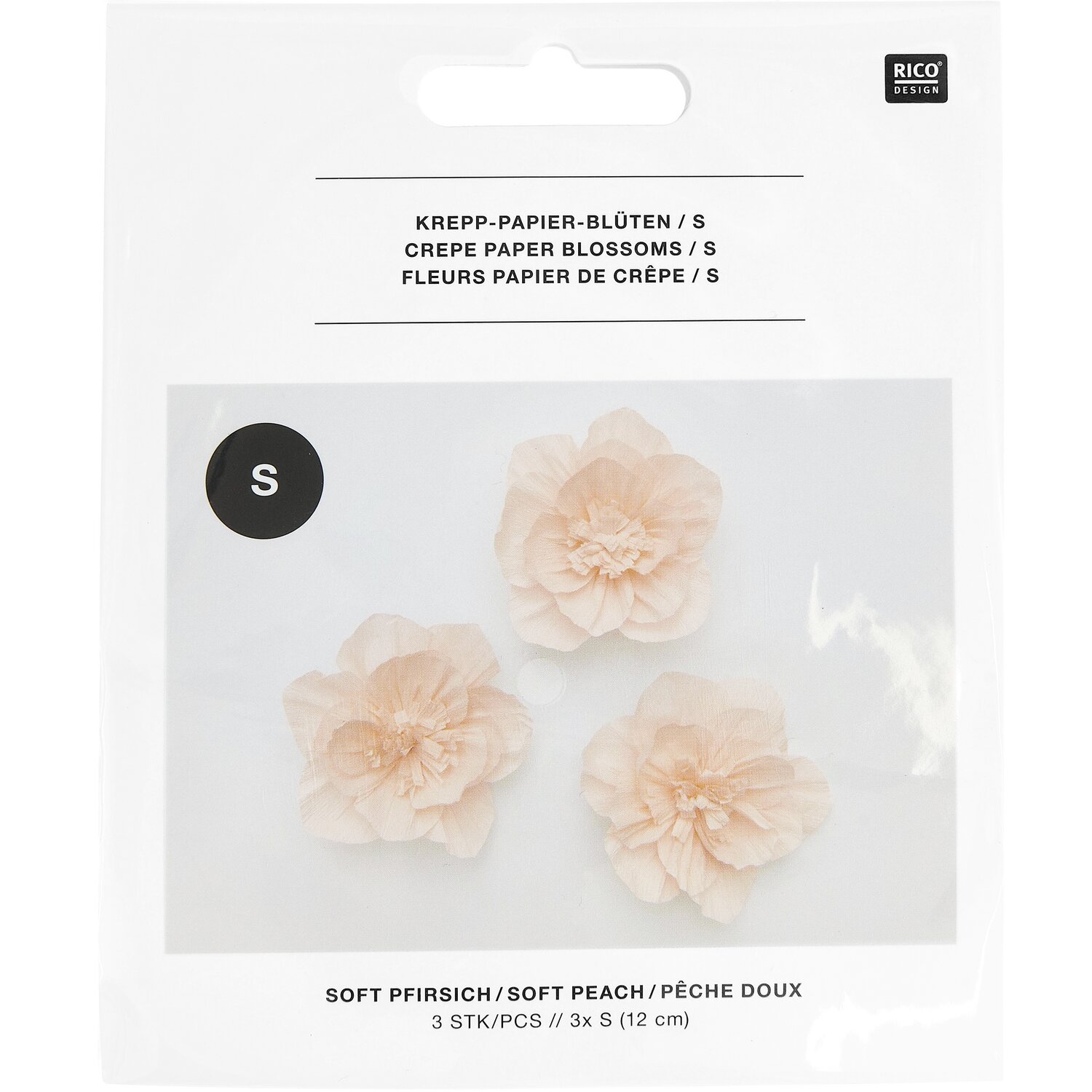 Krepppapier Blüten in zartem Pfirsichton von Rico Design, drei Stück, Ø12cm, auf weißem Hintergrund.