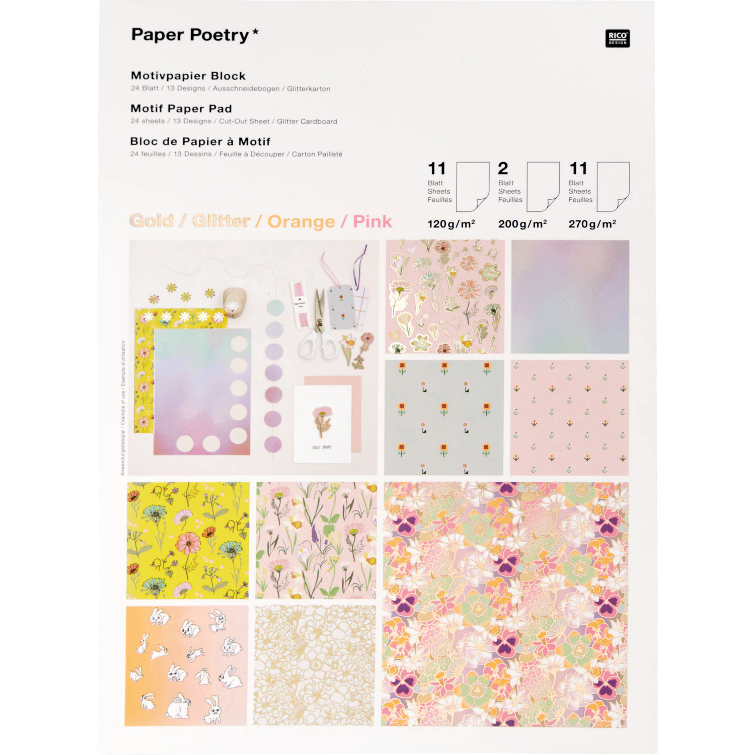 Paper Poetry Motivpapierblock Flower Power mit floralen Designs in Gold, Orange und Pink von Rico Design, ideal für kreative Projekte.