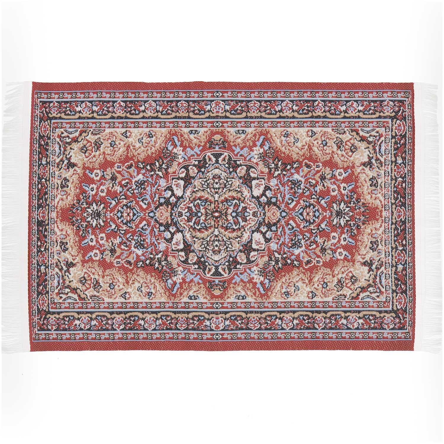 Miniatur Teppich rot 10x16cm mit detailliertem orientalischem Muster von Rico Design, ideal für Puppenhäuser.