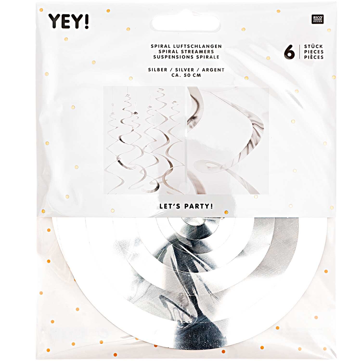 Spiralluftschlangen 50cm 6 Stück Farbe Silber von Rico Design Spiralluftschlangen 50cm 6 Stück von Rico Design in Silber, dekorativ verpackt für Partys.