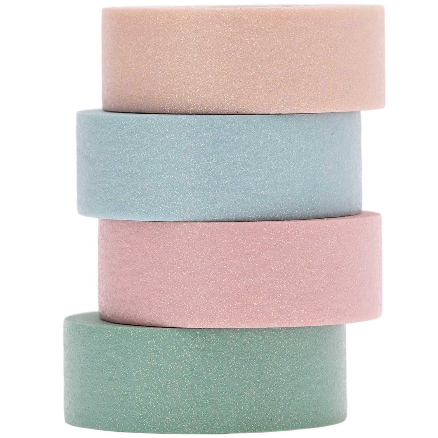 Paper Poetry Tape Set Glitter pastell, 4 Rollen in Rosa, Blau und Grün von Rico Design. Ideal für kreative Bastelprojekte.
