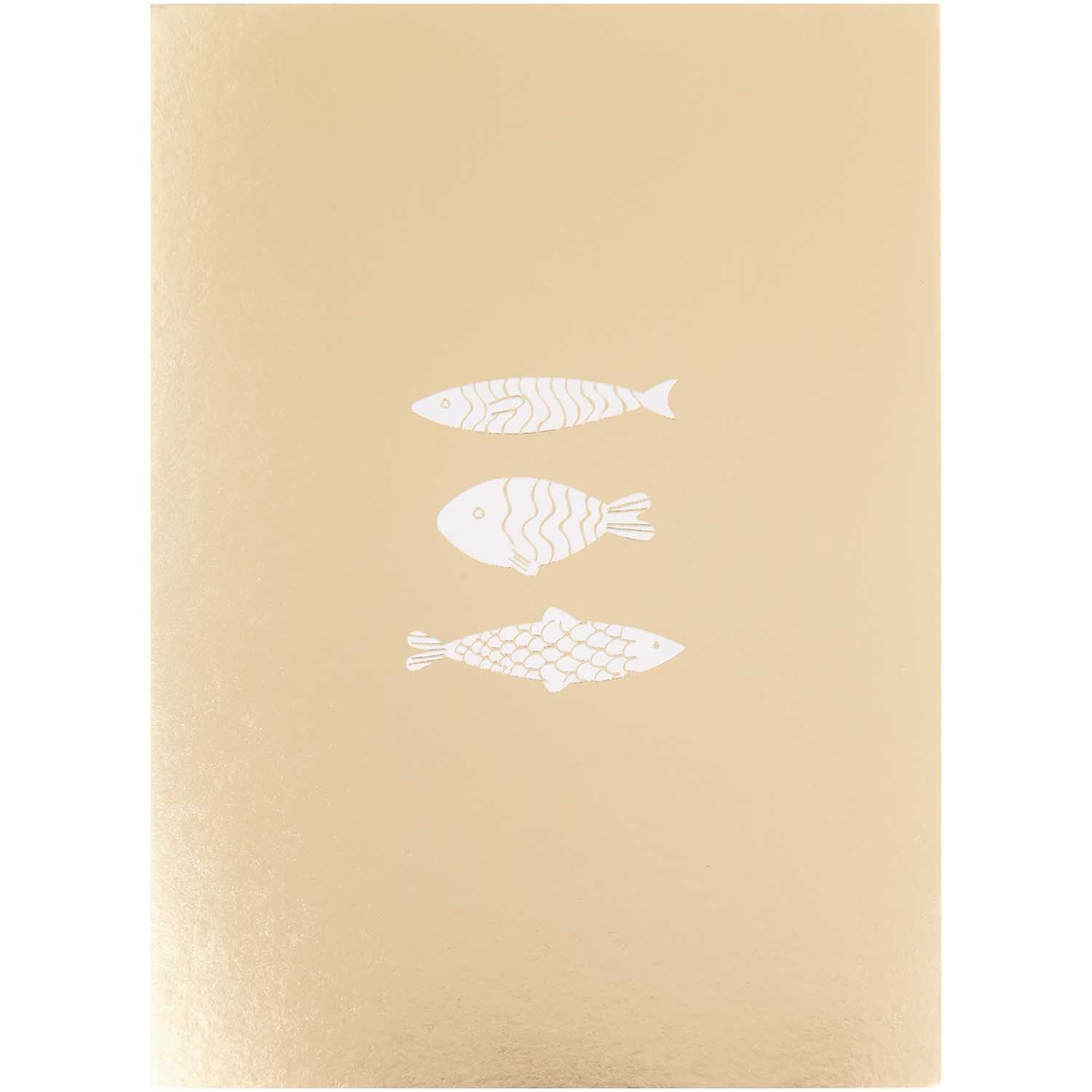 Paper Poetry Postkartenblock Fische 10 Stück von Rico Design Paper Poetry Postkartenblock Fische 10 Stück zeigt drei stilisierte Fische auf goldenem Hintergrund. Marke: Rico Design.