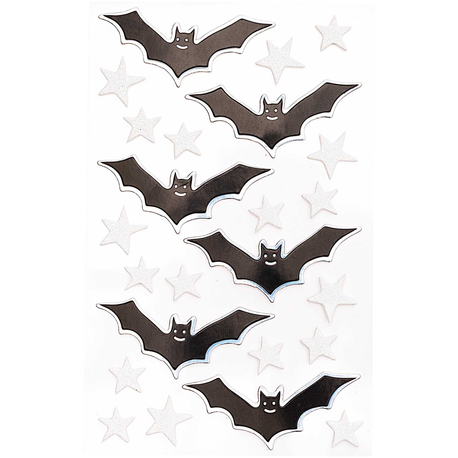 Paper Poetry 3D Sticker Fledermäuse von Rico Design zeigen schwarze Fledermäuse und weiße Sterne auf weißem Hintergrund.