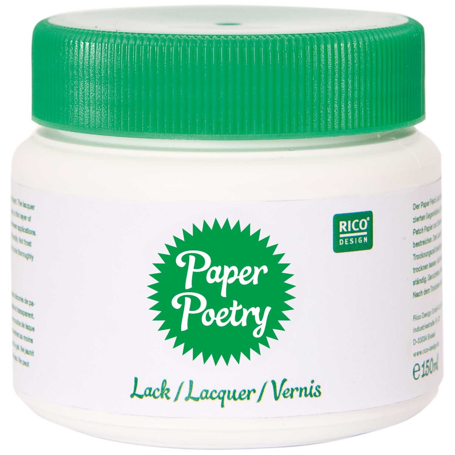 Lack 150ml von Rico Design in einem weißen Behälter mit grünem Deckel, ideal für kreative Projekte.