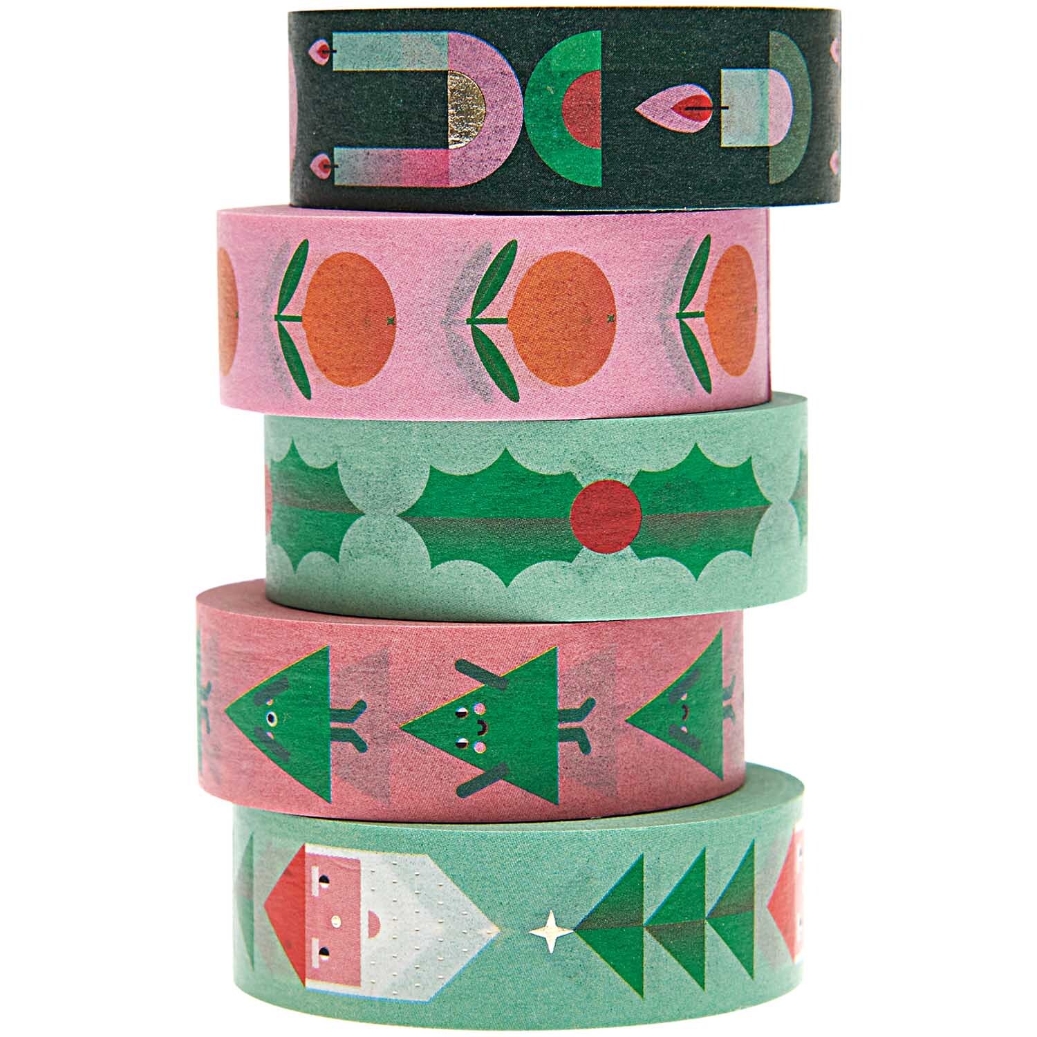 Paper Poetry Tape Set Merry Christmas, 5-teilig. Bunte Washi-Tapes mit weihnachtlichen Motiven in Grün, Rot und Rosa. Ideal für festliche Dekorationen.