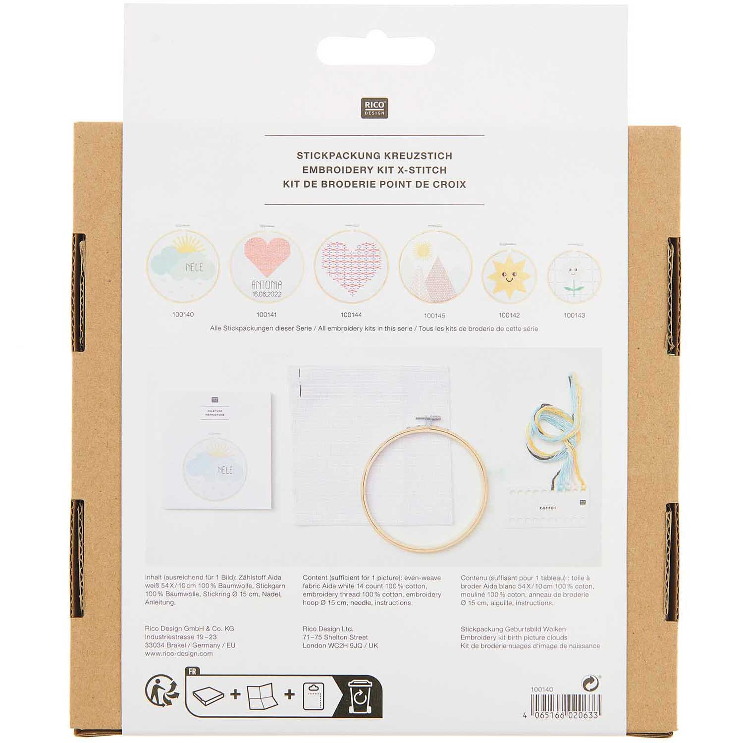 Kit de broderie image de naissance nuages from Rico Design Stickpackung Geburtsbild Wolken von Rico Design zeigt ein Stickset mit Wolkenmotiv und Zubehör. Ideal für kreative Handarbeiten.