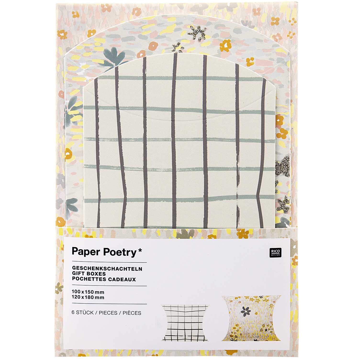 Paper Poetry Geschenkschachteln mit Gittermuster, 6 Stück. Florale Motive in sanften Farben von Rico Design. Ideal für kreative Geschenkverpackungen.