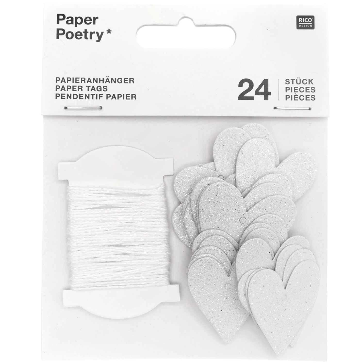 Paper Poetry Papieranhänger Herzen 3x3,5cm Glitter weiß 24 Stück von Rico Design