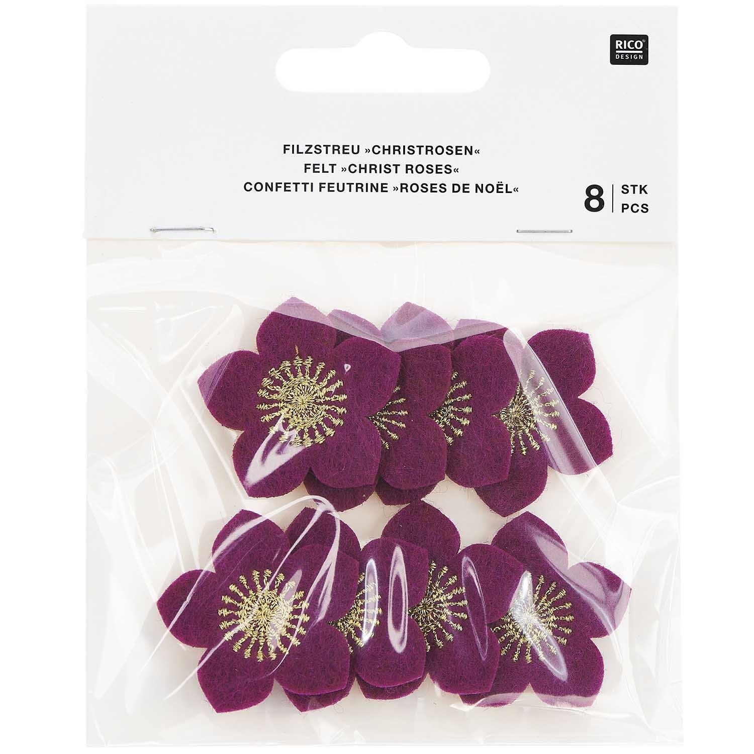 Filzstreu Christrosen bestickt 3,5x3,4cm 8 Stück Farbe Violett-Gold von Rico Design Filzstreu Christrosen bestickt, 8 Stück in Violett-Gold von Rico Design, in transparenter Verpackung.