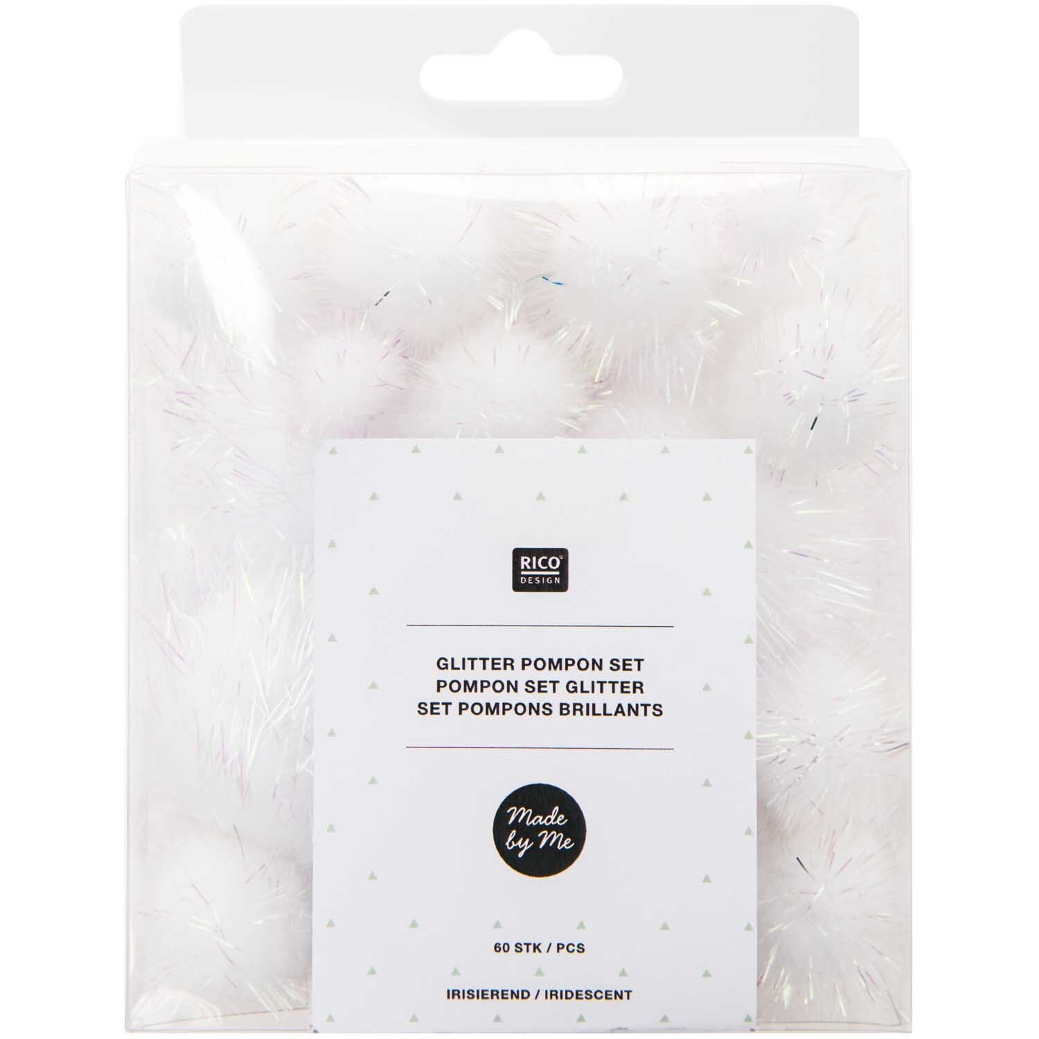 Glitter Pompons 63 Stück von Rico Design, irisierend, in einer transparenten Verpackung. Ideal für kreative Bastelprojekte.