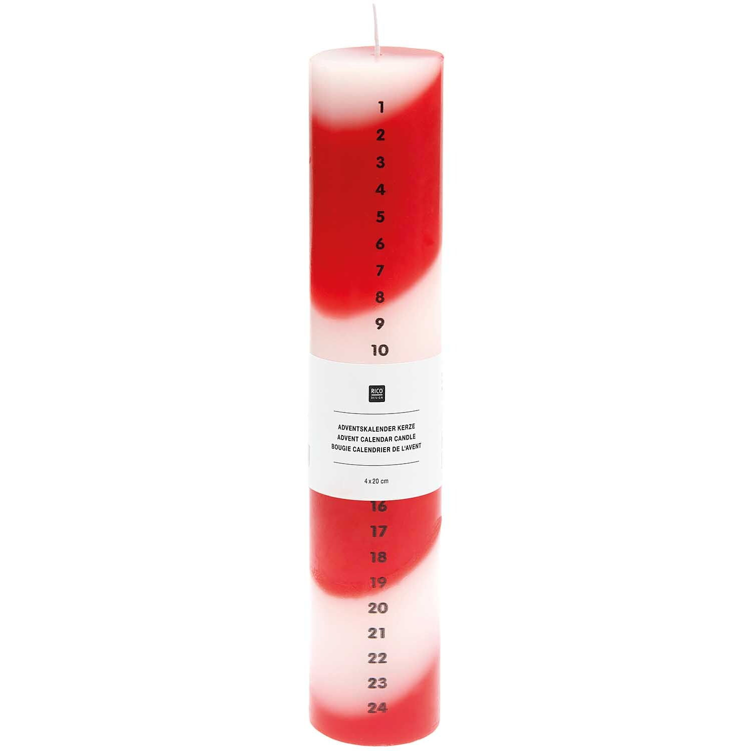 Adventskalender Kerze 1-24 in Rot-Weiß von Rico Design, nummeriert von 1 bis 24, 4x20cm groß.