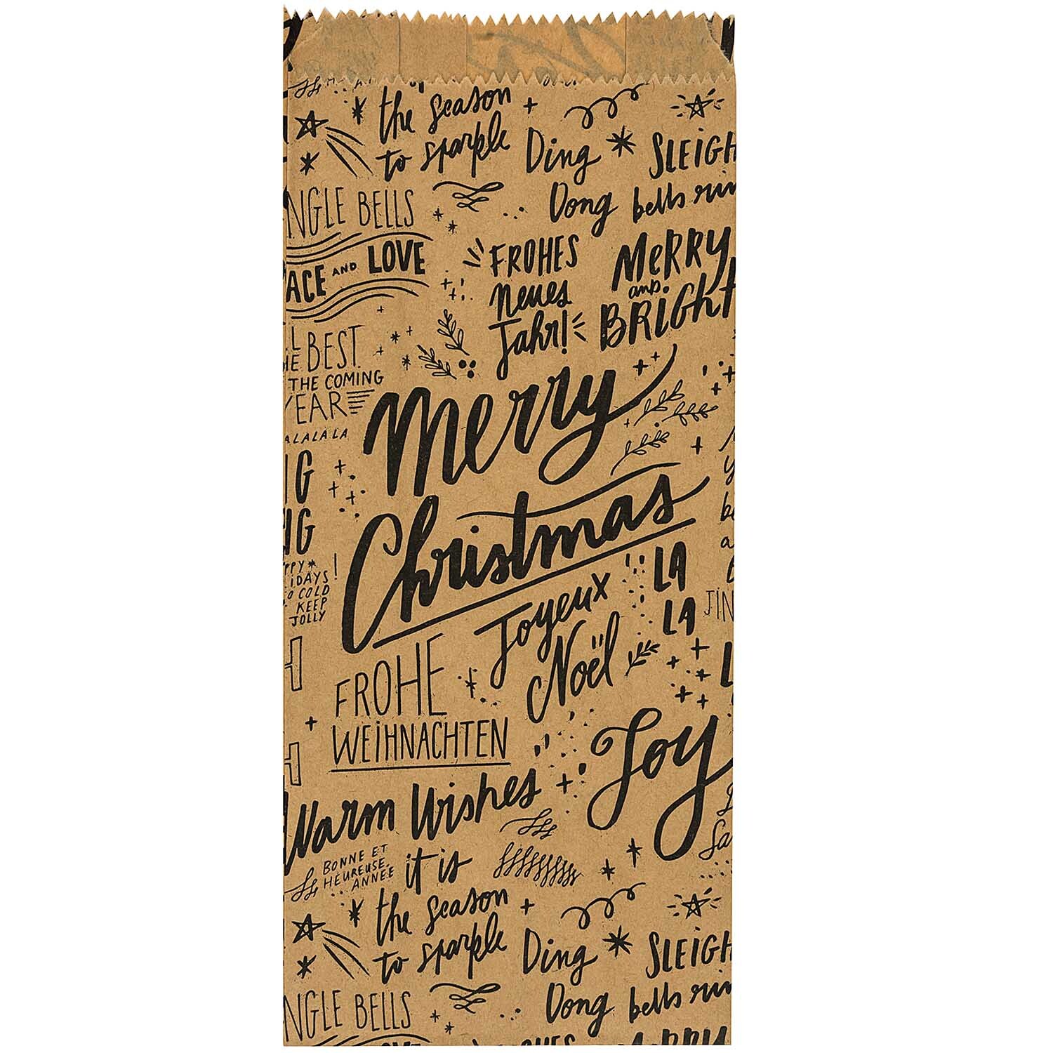 Paper Poetry Bastelset Papiertüten-Sterne Jolly Christmas groß mit festlichen Schriftzügen und Motiven auf braunem Hintergrund von Rico Design.