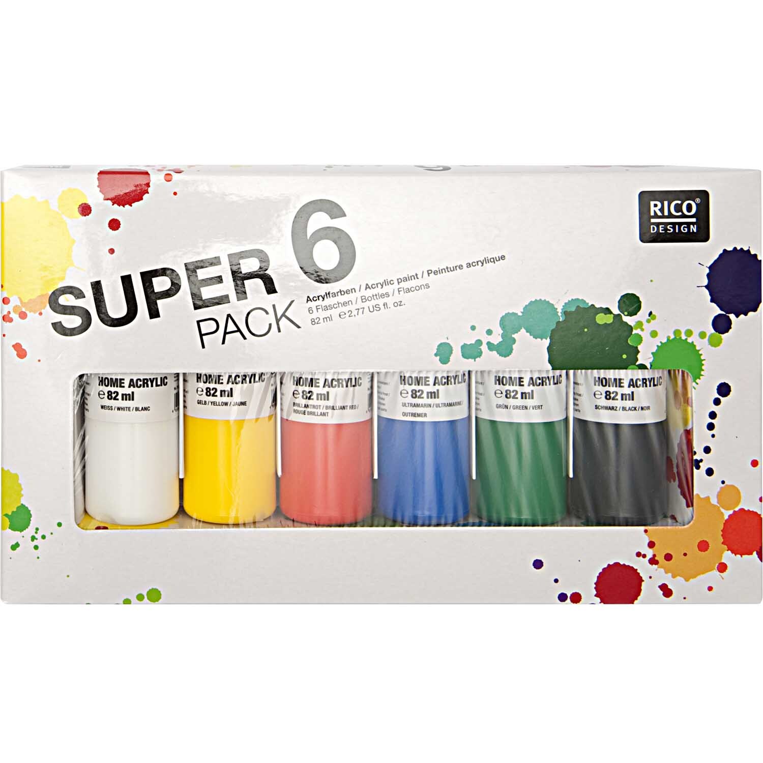 Super 6 Pack Home Acrylic 6x82ml: Sechs bunte Acrylfarben von Rico Design in einer Verpackung.
