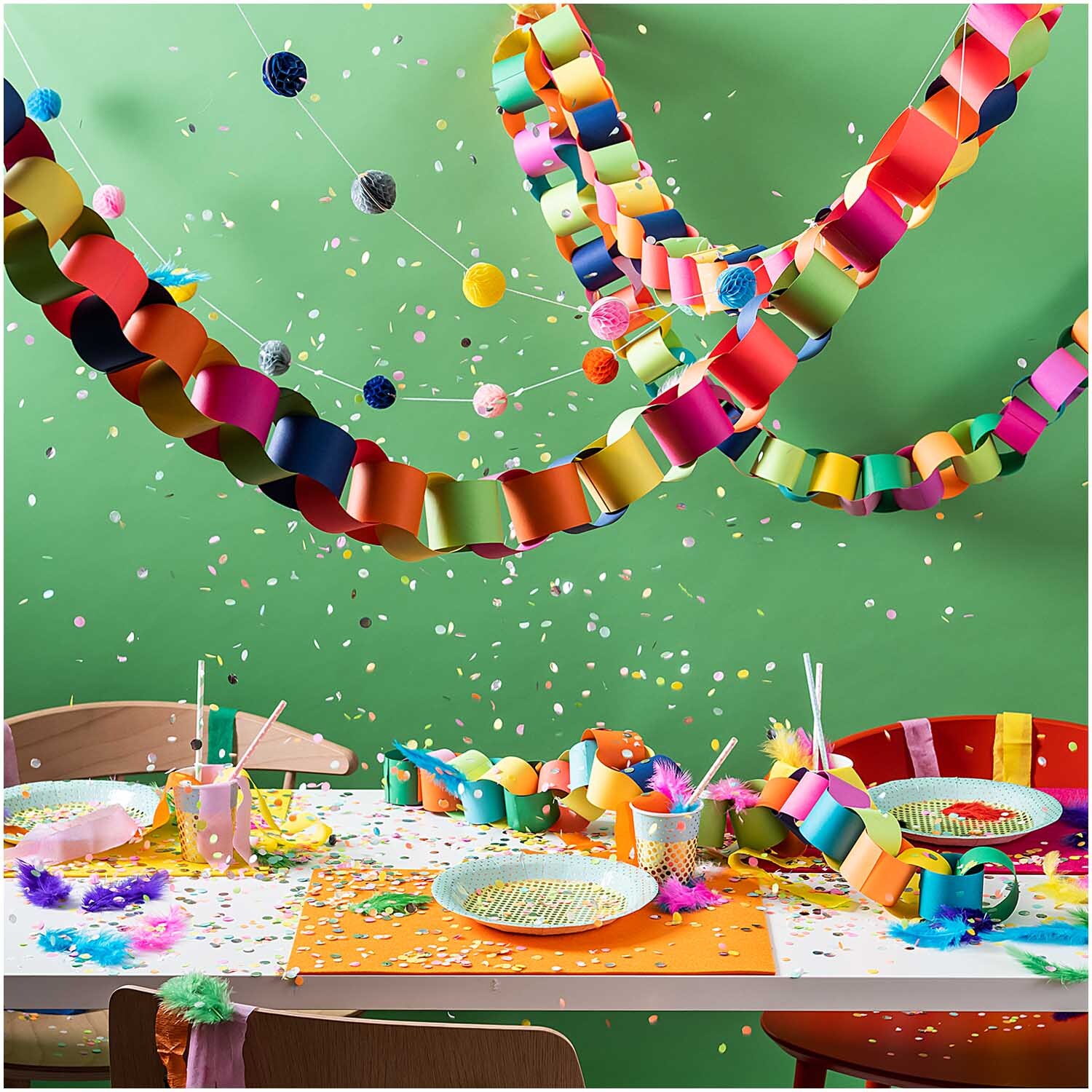 Konfetti Mix neon 20g von Rico Design Konfetti Mix neon 20g: Bunte Partydekoration mit Papierketten und Konfetti auf einem gedeckten Tisch. Ideal für festliche Anlässe.