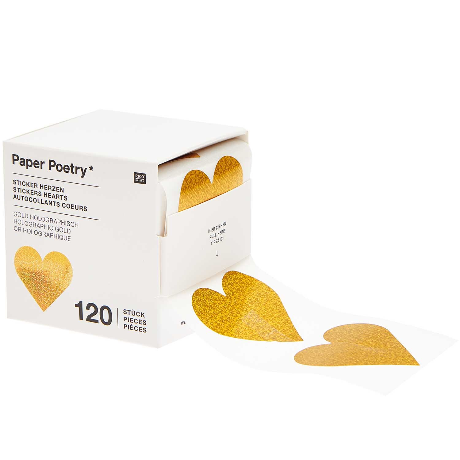 Paper Poetry Sticker Herzen 5cm 120 Stück auf der Rolle Hot Foil Farbe Gold-Holographisch von Rico Design Paper Poetry Sticker Herzen, gold-holographisch, 120 Stück auf Rolle, ideal für kreative Projekte.