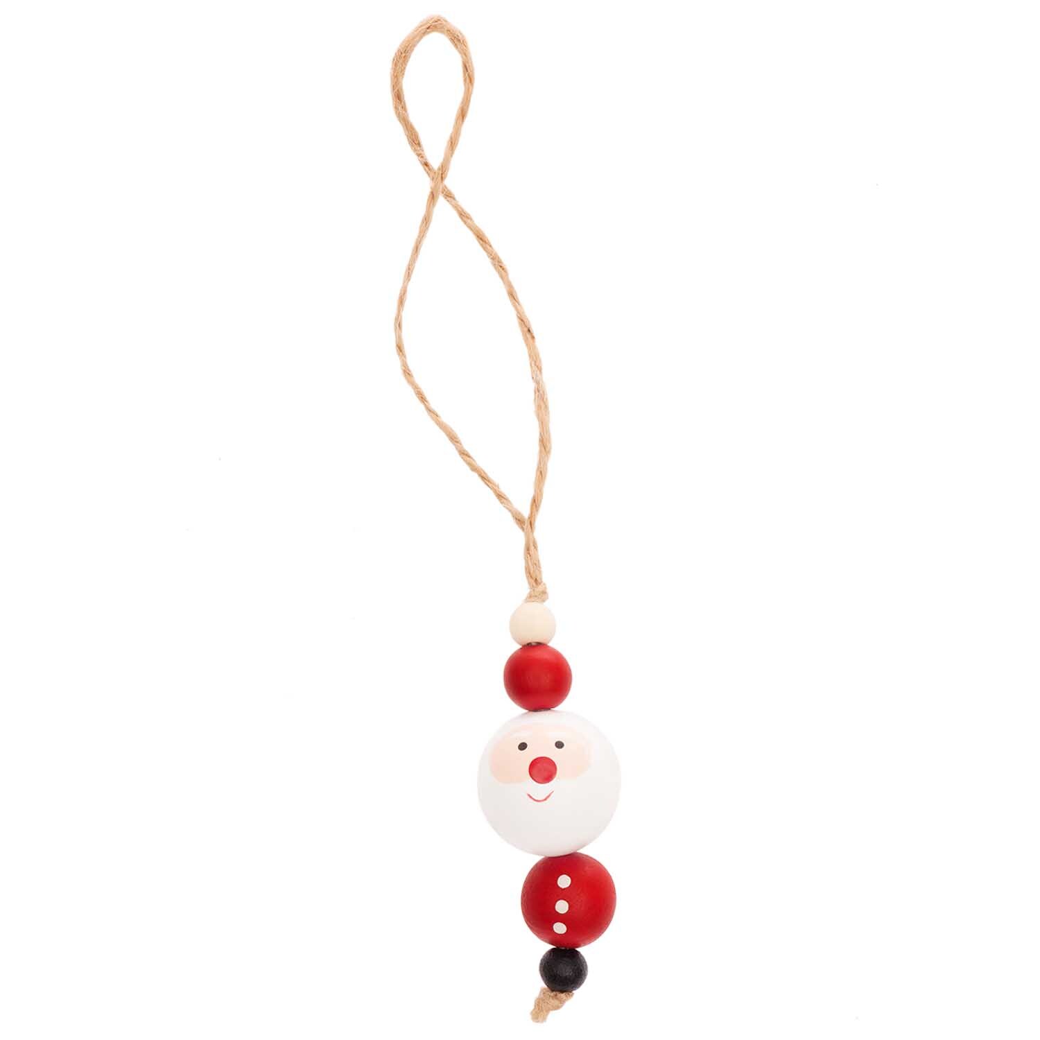 Holzhänger Santa aus Holzkugeln in Rot-Weiß von Rico Design, zeigt einen fröhlichen Weihnachtsmann mit roter Nase und Knöpfen.