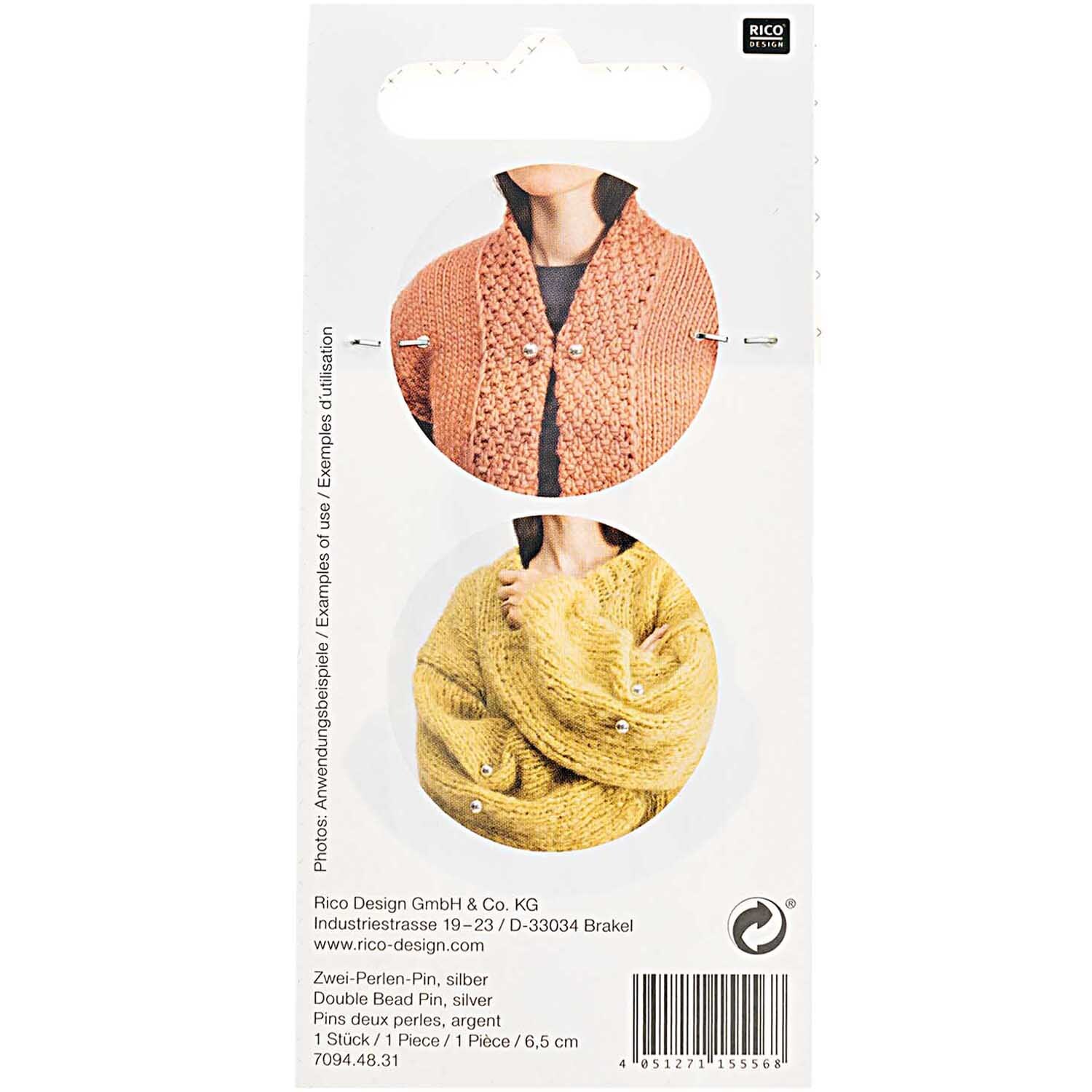 Zwei-Perlen-Pin 65mm 1 Stück Farbe Silber von Rico Design Zwei-Perlen-Pin 65mm 1 Stück von Rico Design in Silber, präsentiert auf einem Strickpullover.