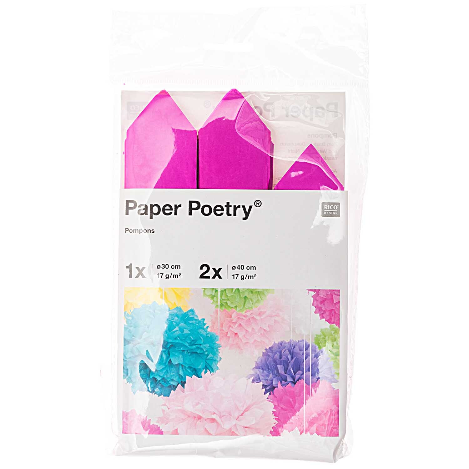 Seidenpapier Pompons 17g/m² 3 Stück Farbe Pink von Rico Design Seidenpapier Pompons 17g/m² 3 Stück von Rico Design in einer Verpackung mit bunten Pompons.