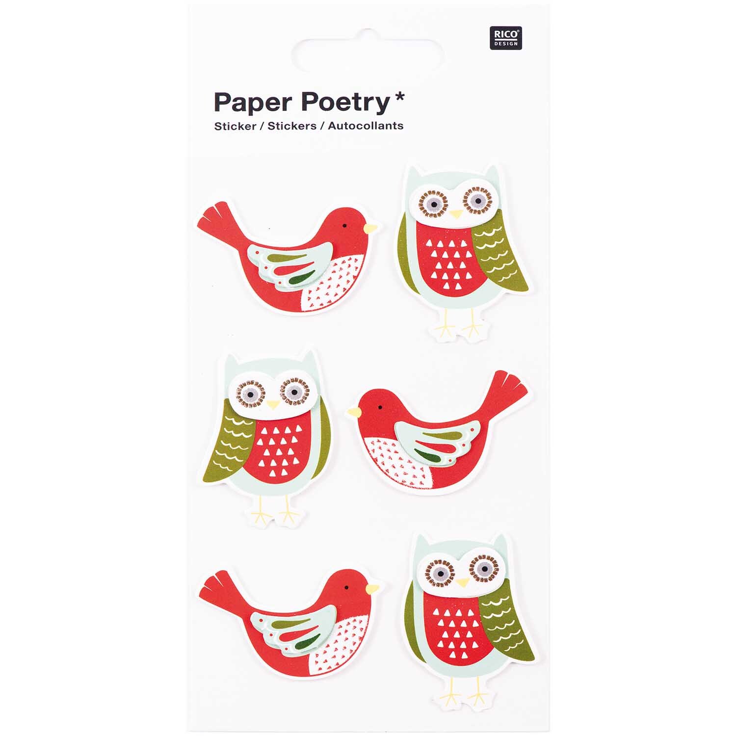 Paper Poetry 3D Sticker mit bunten Eulen und Tauben von Rico Design auf weißem Hintergrund.