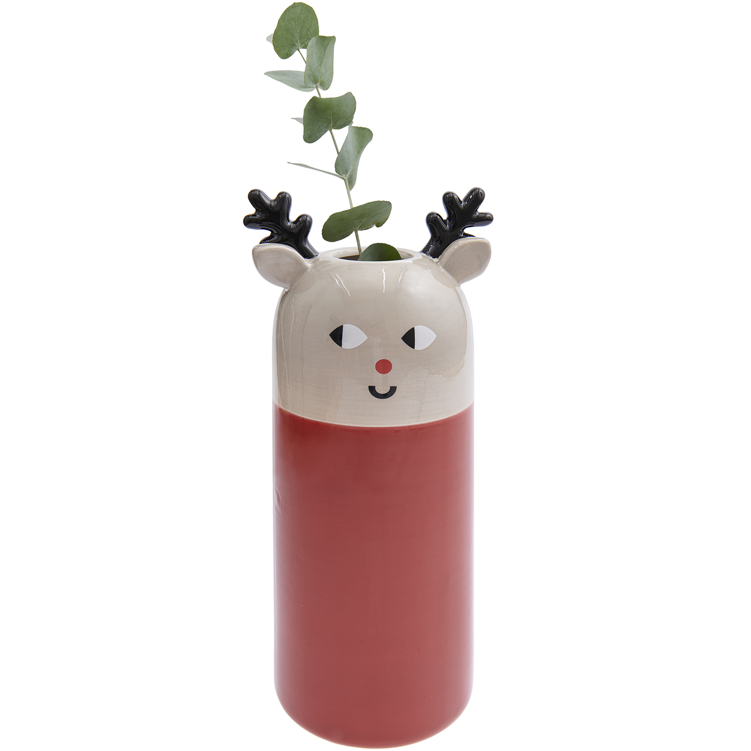Keramik Vase Rentier rot 29cm von Rico Design Keramik Vase Rentier rot 29cm von Rico Design: Rote Vase mit Rentiergesicht und Geweih, dekoriert mit Eukalyptuszweig.