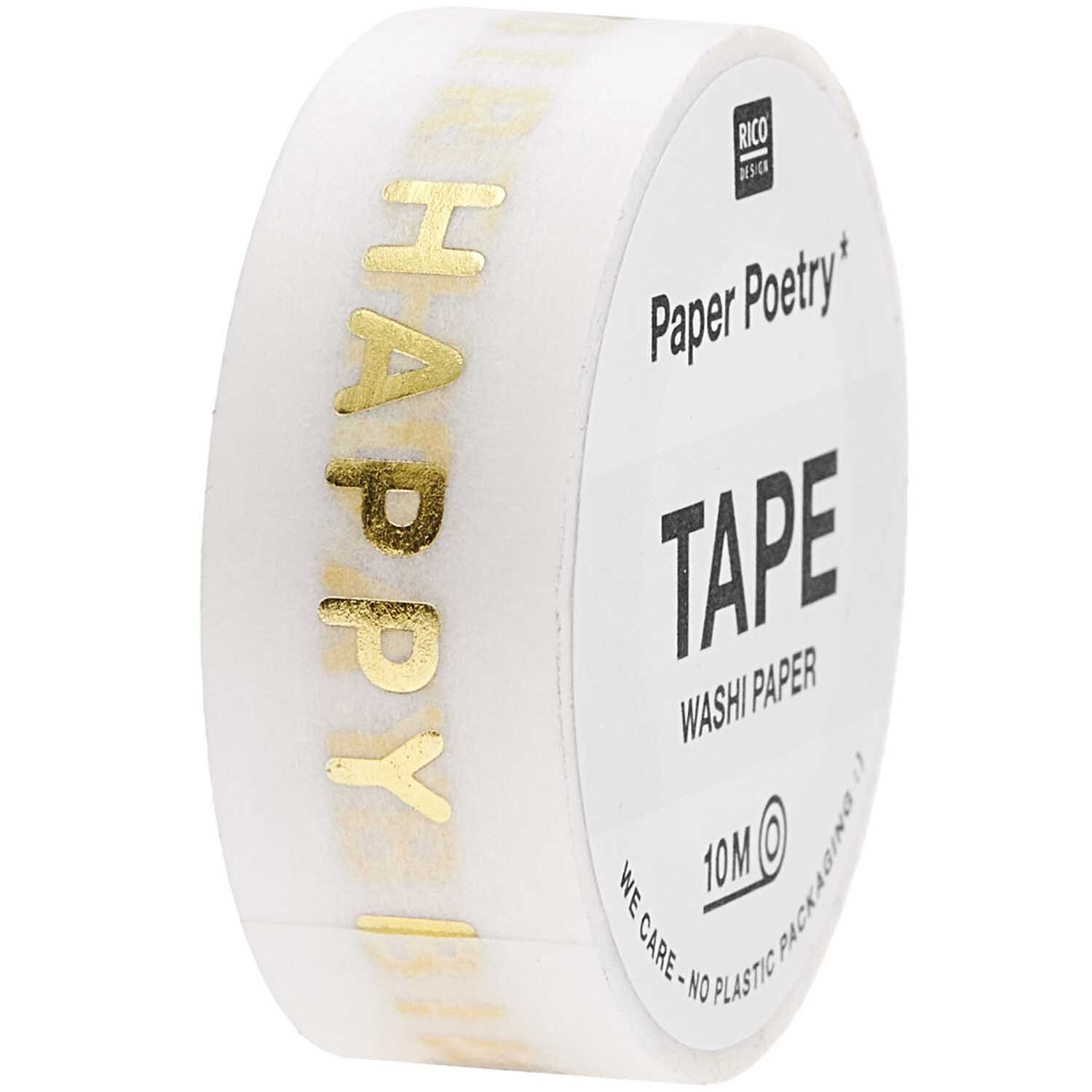 Paper Poetry Tape Happy Birthday 15mm 10m Farbe Natural von Rico Design Paper Poetry Tape Happy Birthday 15mm 10m: Weißes Washi-Tape mit goldener Schrift "Happy", ideal für kreative Dekorationen. Marke: Rico Design.