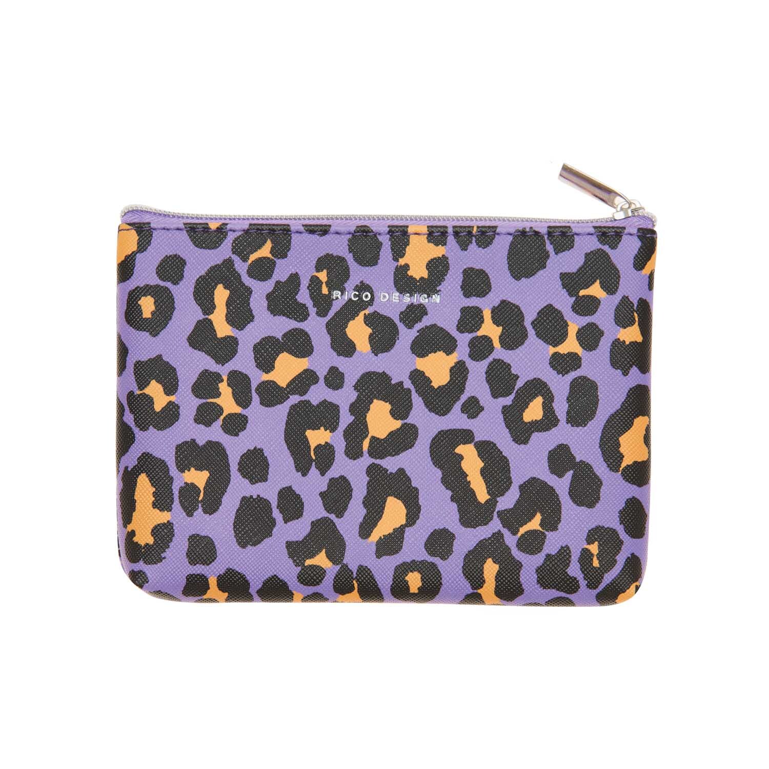 Etui Acid Leo in lila-orange mit Leopardenmuster von Rico Design, Größe 14x10cm, Reißverschluss oben.