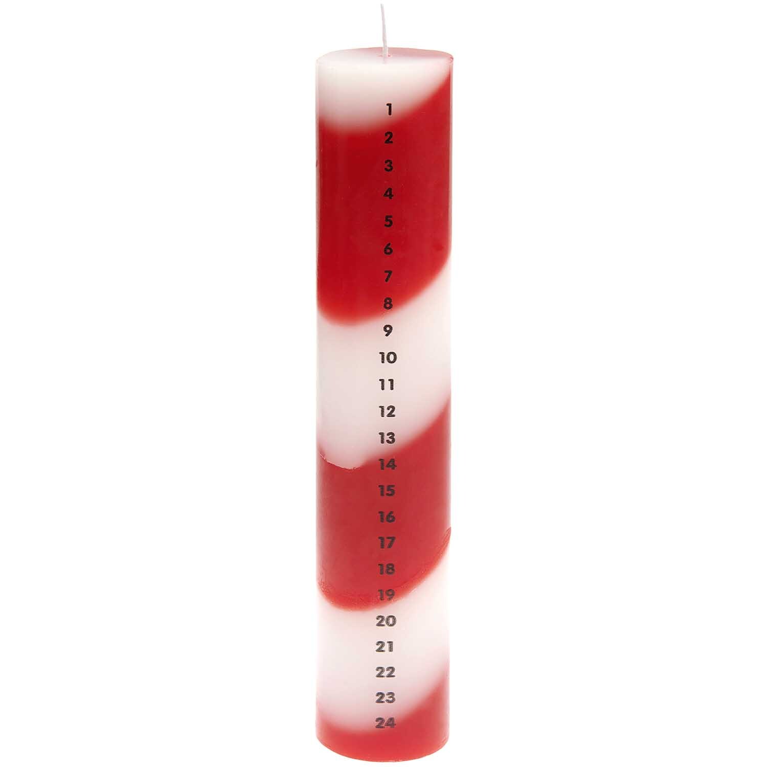 Adventskalender Kerze 1-24 von Rico Design, rot-weiß gestreift, 4x20cm, mit Zahlen von 1 bis 24.