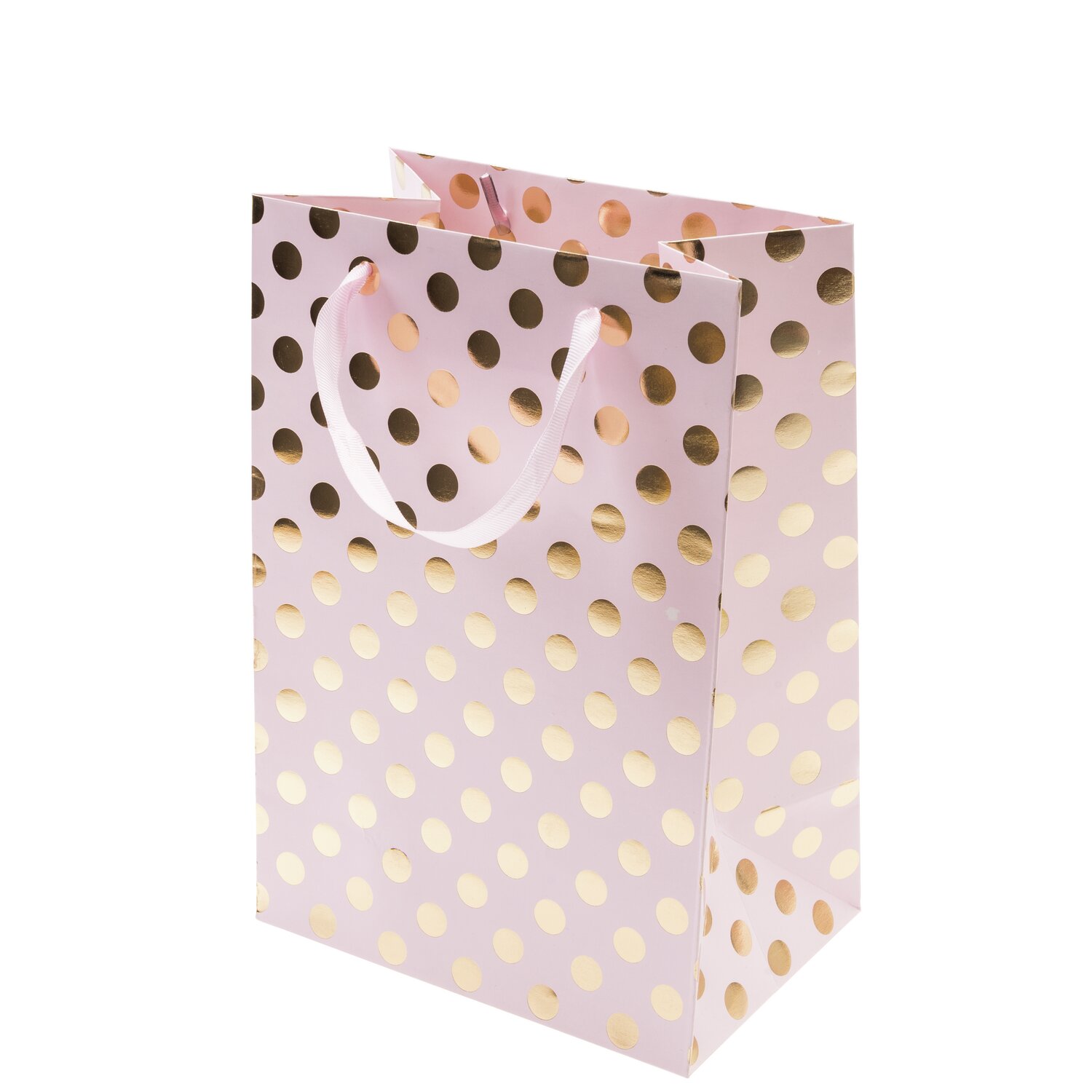 Geschenktüte rosa Punkte gold 18x26x12cm von Rico Design, stilvoll mit goldenen Punkten verziert. Perfekt für besondere Anlässe und Geschenke.