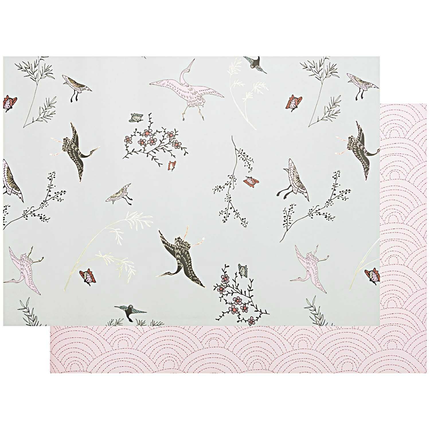 Paper Poetry Motivkarton Jardin Japonais zeigt Kraniche und florale Muster auf mehrfarbigem Hintergrund. Ideal für kreative Projekte.