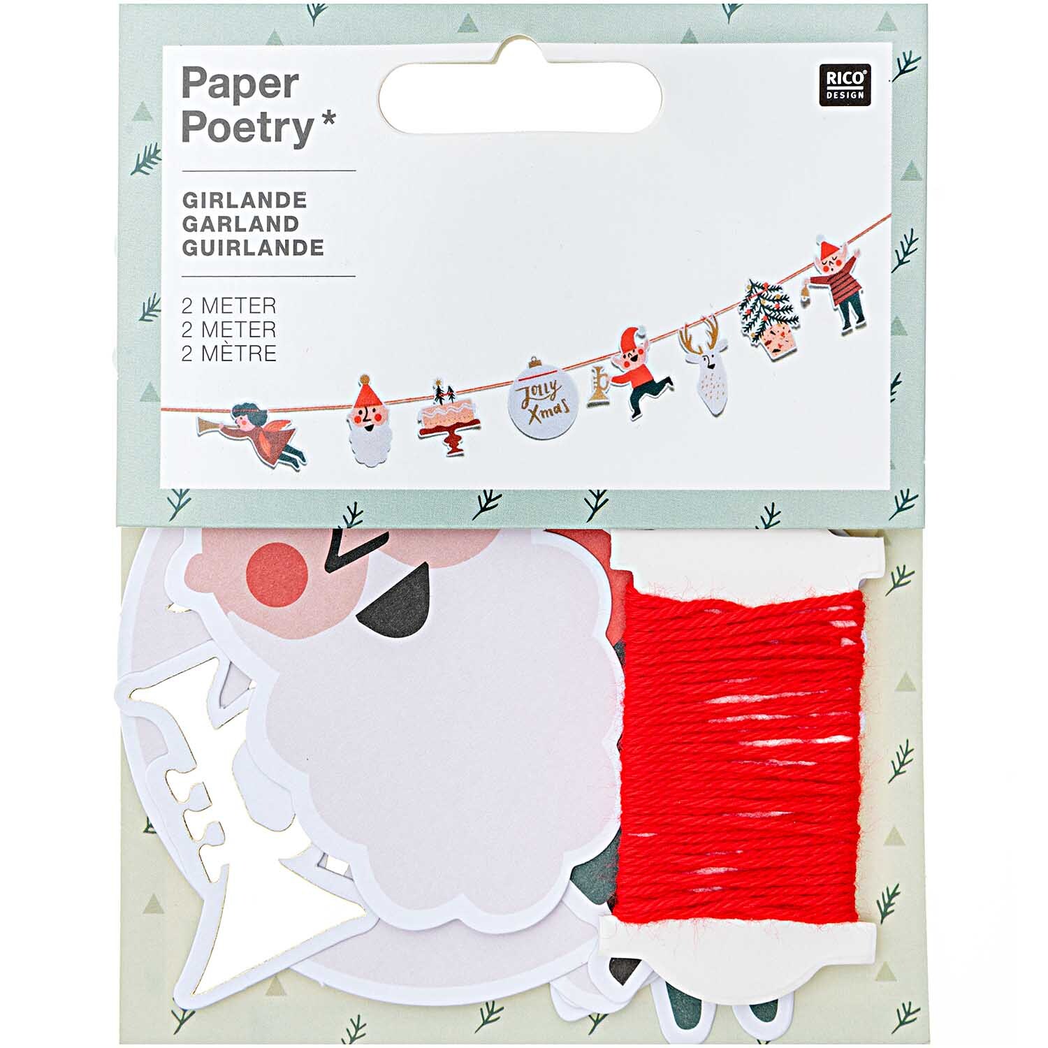 Paper Poetry Girlande Jolly Christmas Classic 2m von Rico Design zeigt eine festliche Weihnachtsgirlande mit roten und weißen Elementen.