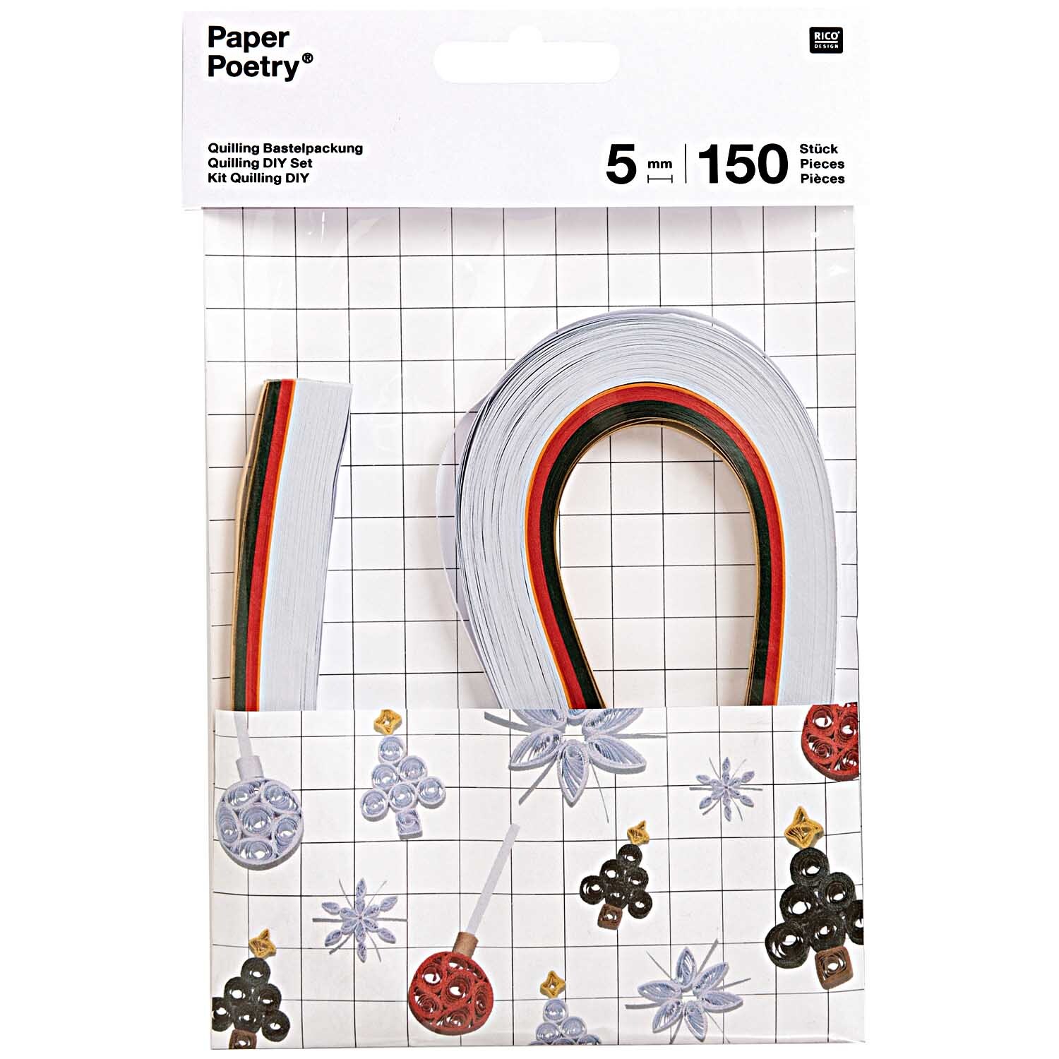 Paper Poetry Quilling Bastelset X-MAS mit 150 weißen Streifen, ideal für kreative Weihnachtsprojekte. Verpackung zeigt dekorative Quilling-Muster.