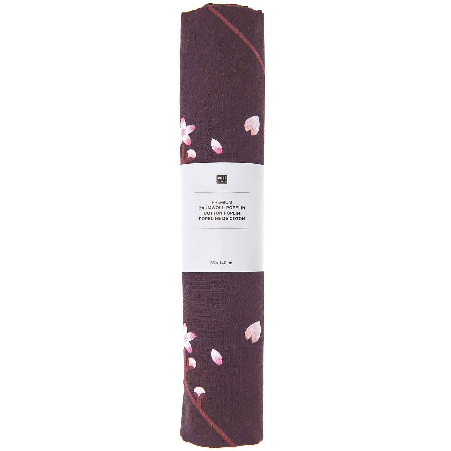 Stoffabschnitt Baumwoll-Popelin schwarz Sakura Zweige 50x140cm von Rico Design
