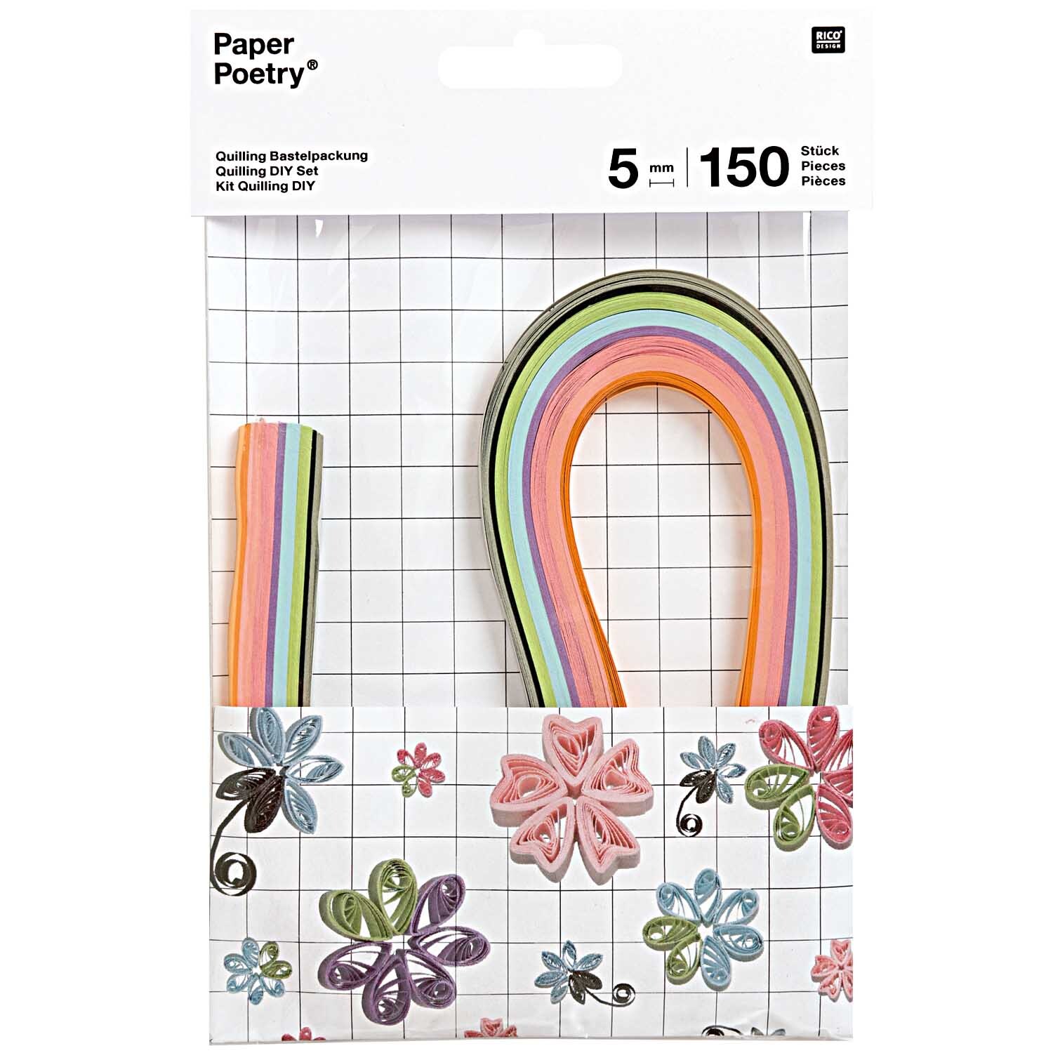 Paper Poetry Quilling Bastelset Blumen mit 150 bunten Papierstreifen und floralen Designs auf kariertem Hintergrund. Ideal für kreative Bastelprojekte.