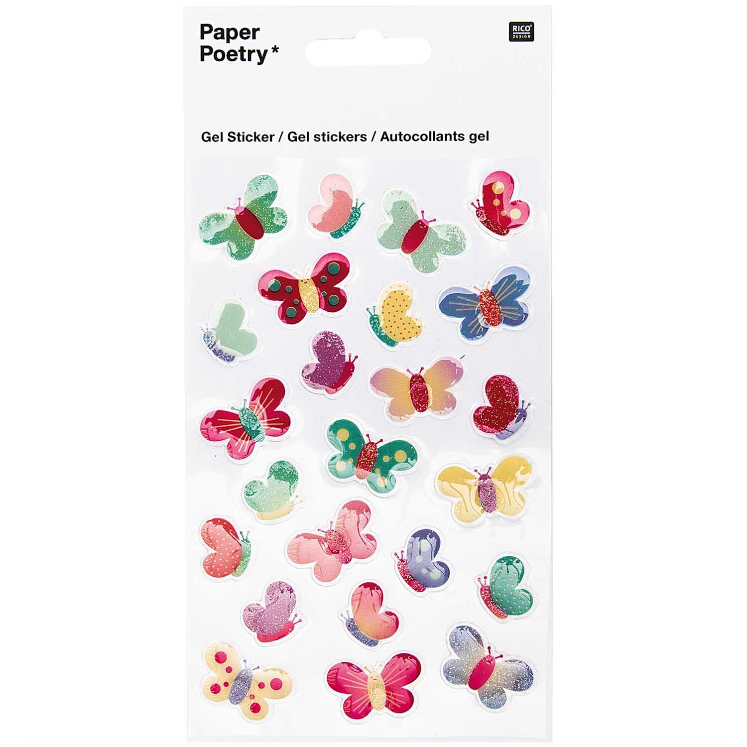 Paper Poetry Gelsticker Schmetterlinge zeigen bunte Schmetterlinge von Rico Design auf weißem Hintergrund.
